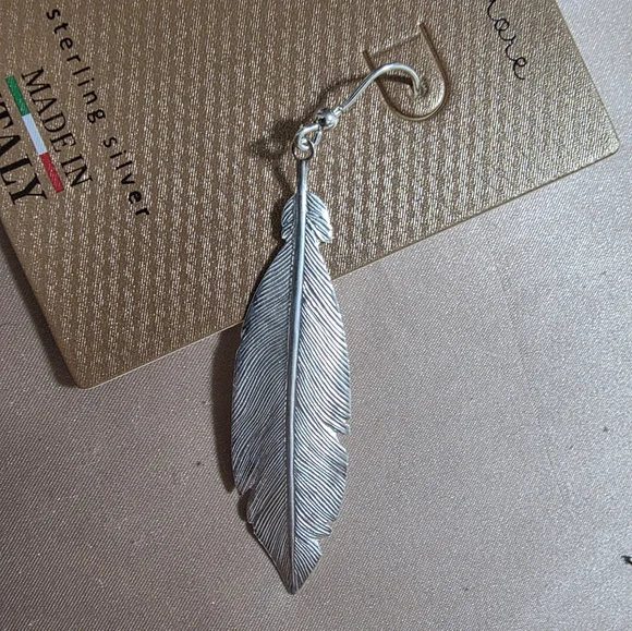 MIA FIORE STERLING SILVER FEATHER BOHO DANGLE DROP HOOK EARRINGS - Picture 3 of 5
